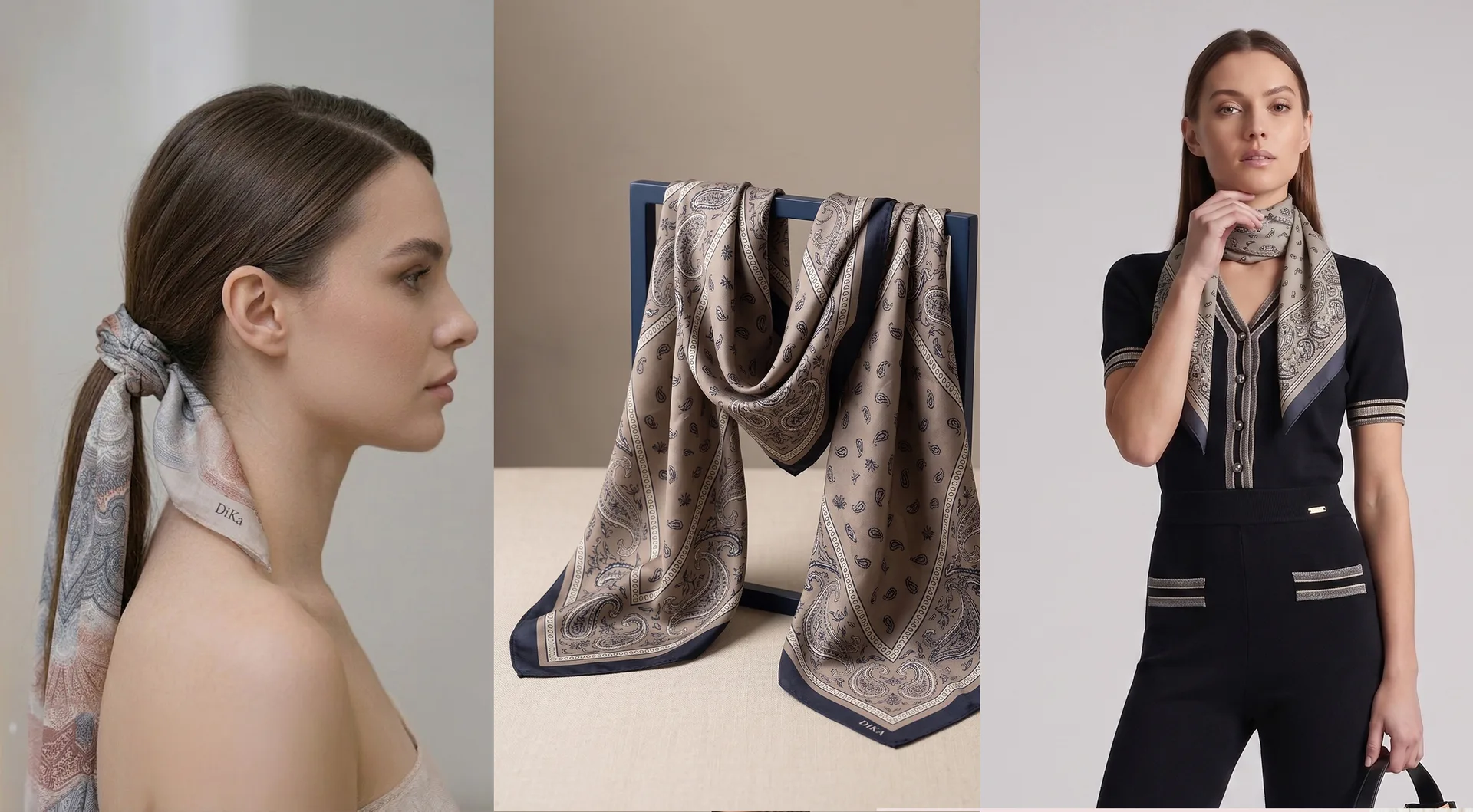 How to wear a silk scarf – silk scarf styled as a hair accessory and elegantly tied around the neck with a classic knot.